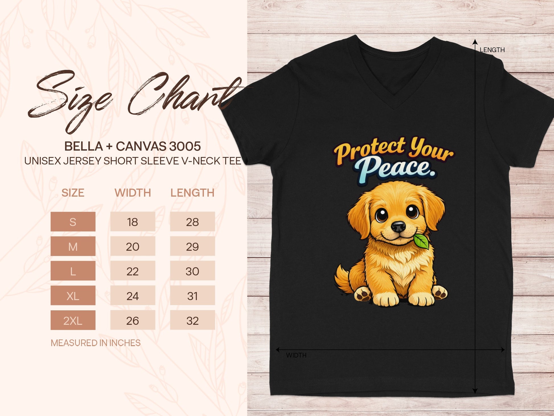 Black t-shirt with a golden retriever puppy saying "Protect Your Peace" and a size chart.