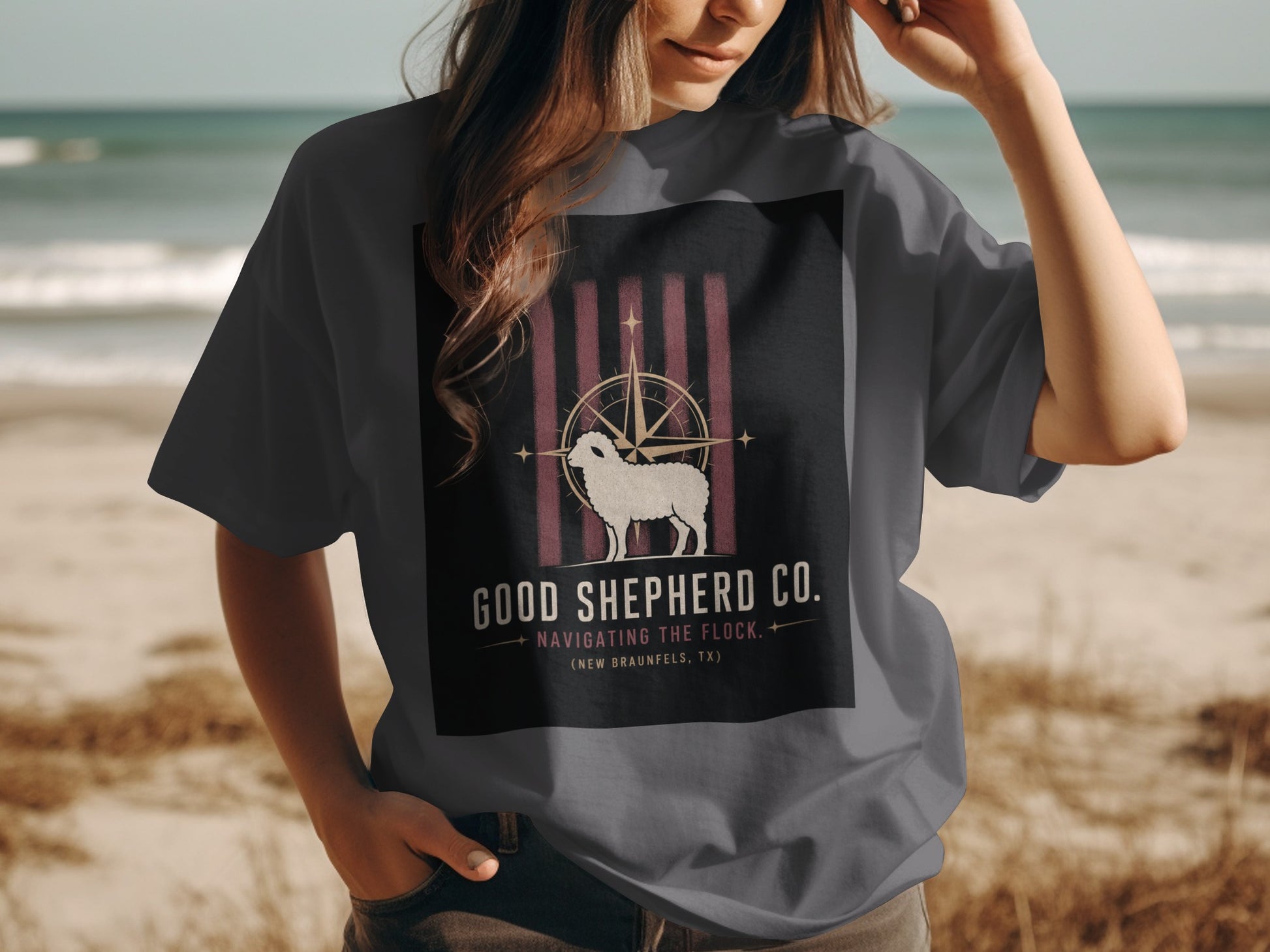 Good Shepherd Co. t-shirt with sheep, compass, and text.