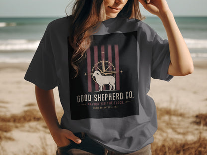 Good Shepherd Co. t-shirt with sheep, compass, and text.