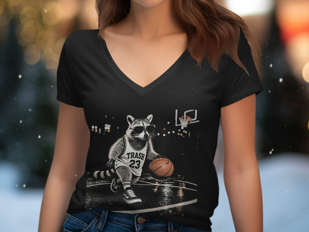 Raccoon in sunglasses and jersey "TRASH 23" dribbles basketball on a court.