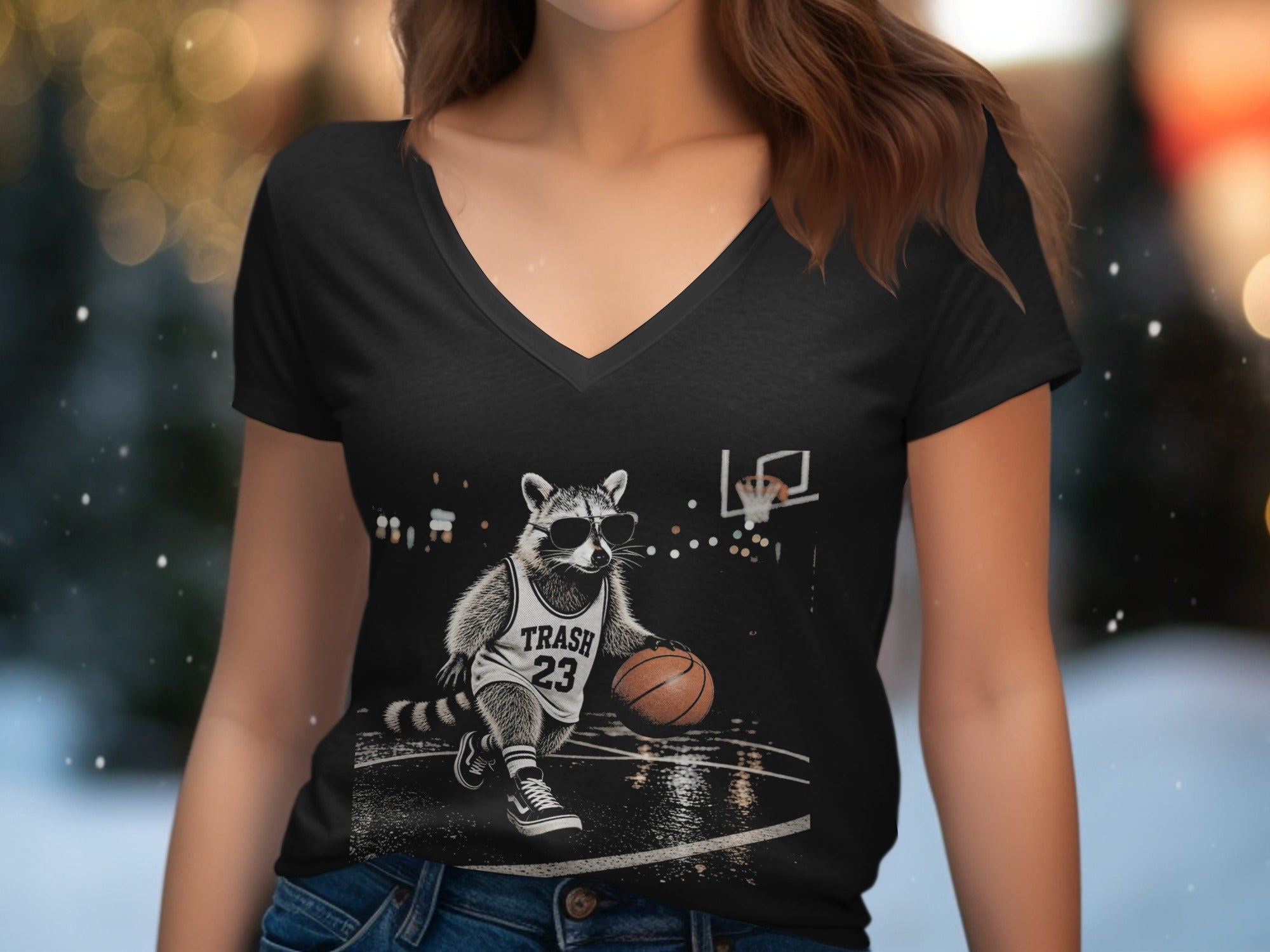 Raccoon in sunglasses and jersey "TRASH 23" dribbles basketball on a court.