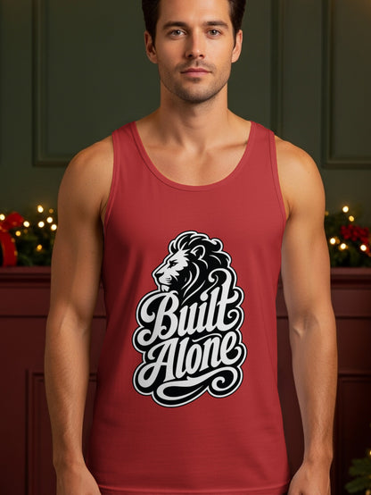 Red tank top with a black and white lion graphic and "Built Alone" text.