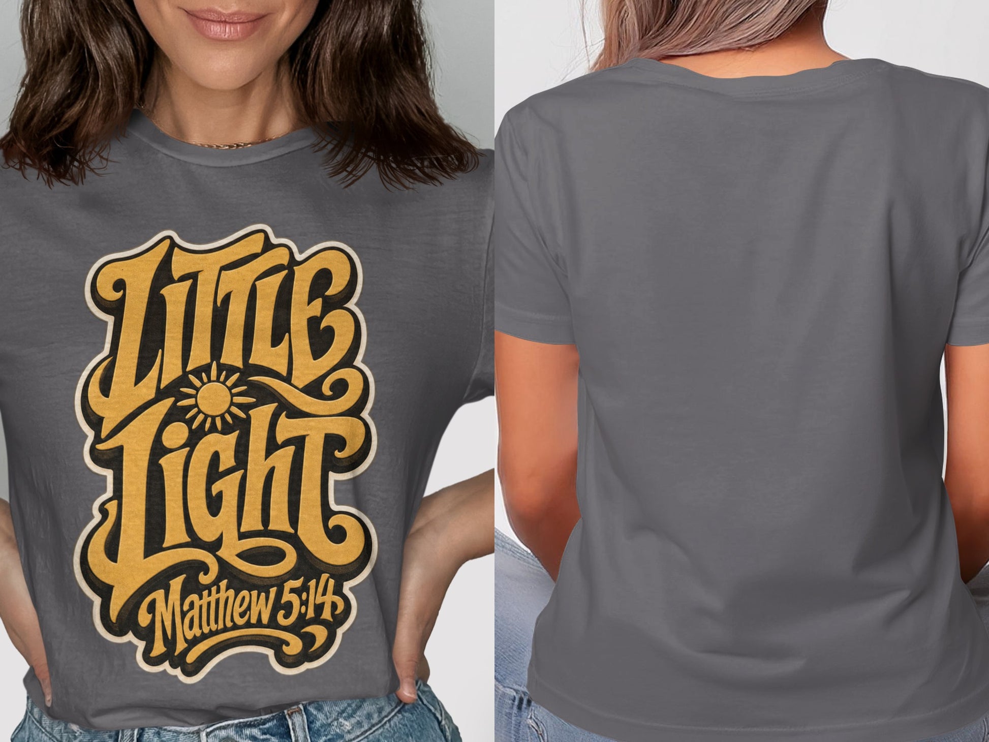 Gray t-shirt with yellow "Little Light Matthew 5:14" graphic, front and back view.