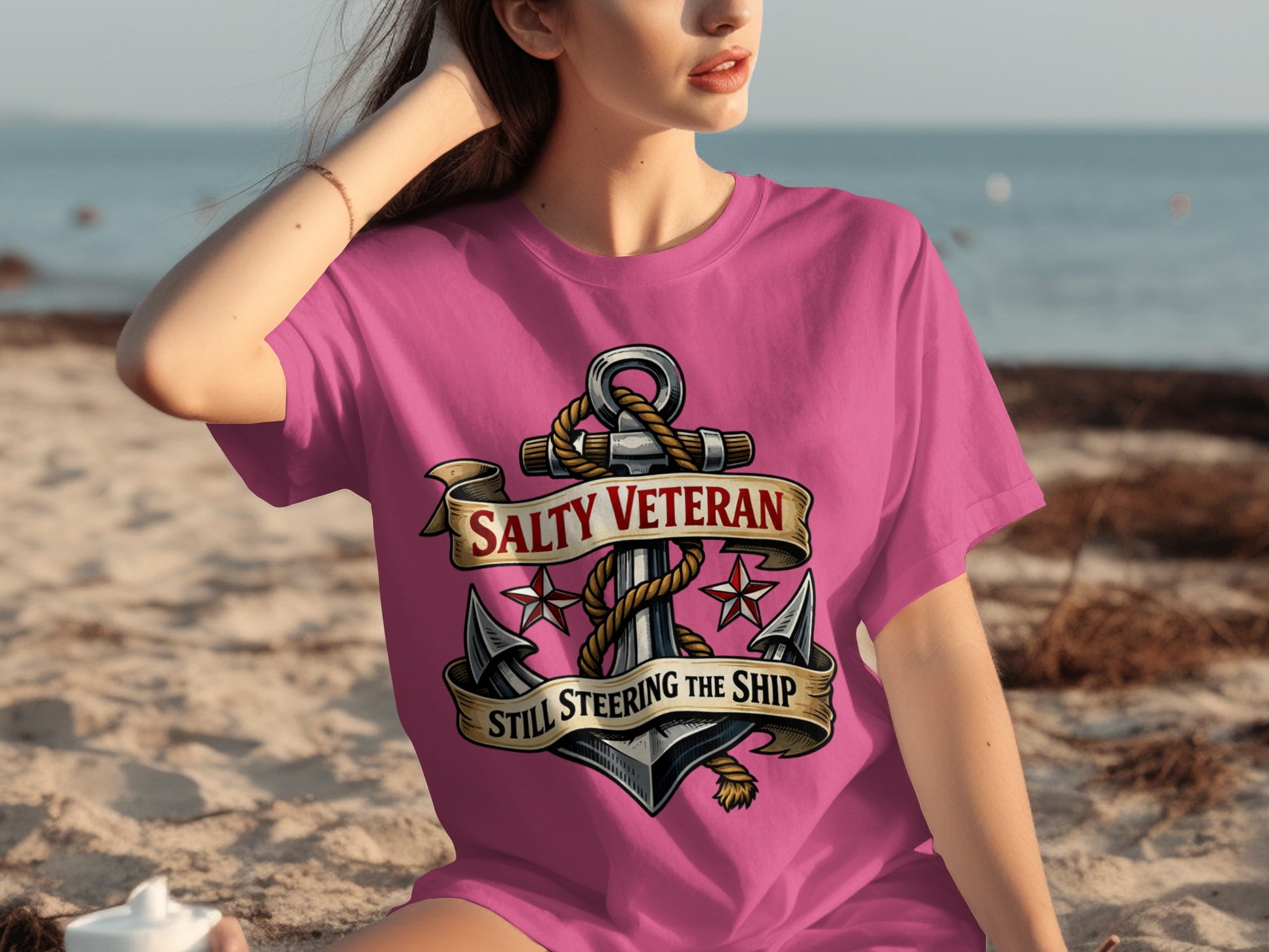 Pink t-shirt with Salty Veteran Still Steering the Ship anchor design