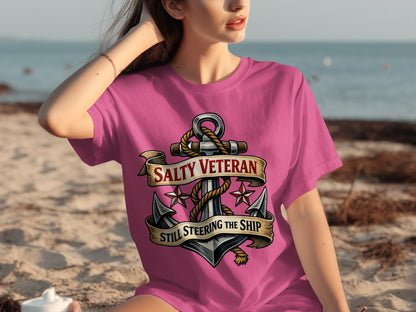 Pink t-shirt with Salty Veteran Still Steering the Ship anchor design