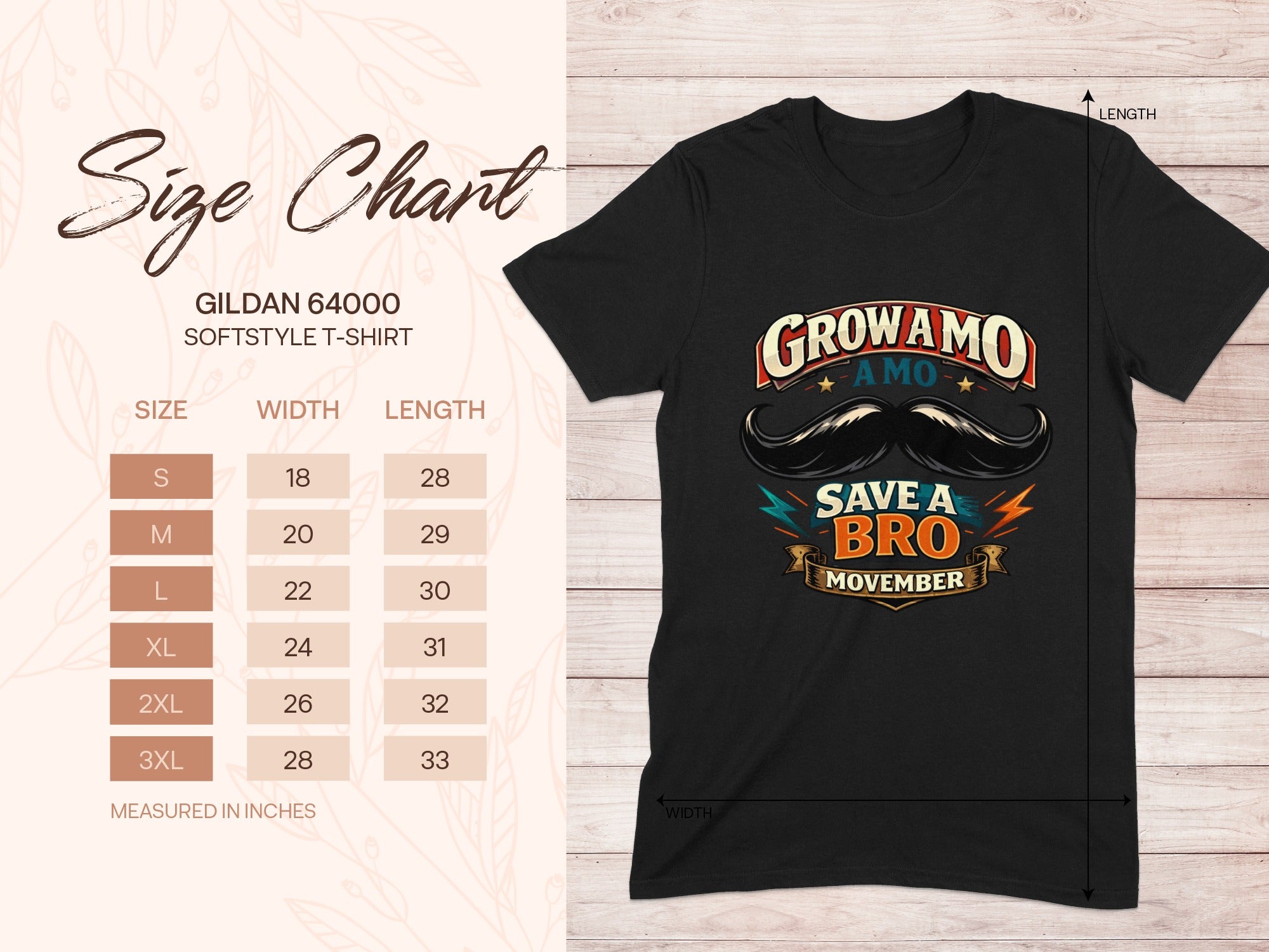 Gildan 64000 softstyle t-shirt size chart with "Grow A Mo Save A Bro Movember" graphic.