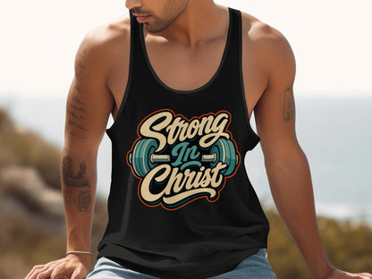 Black tank top with "Strong in Christ" graphic and barbell design.