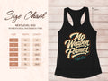 Black racerback tank with "No Weapon Formed" graphic, includes size chart.