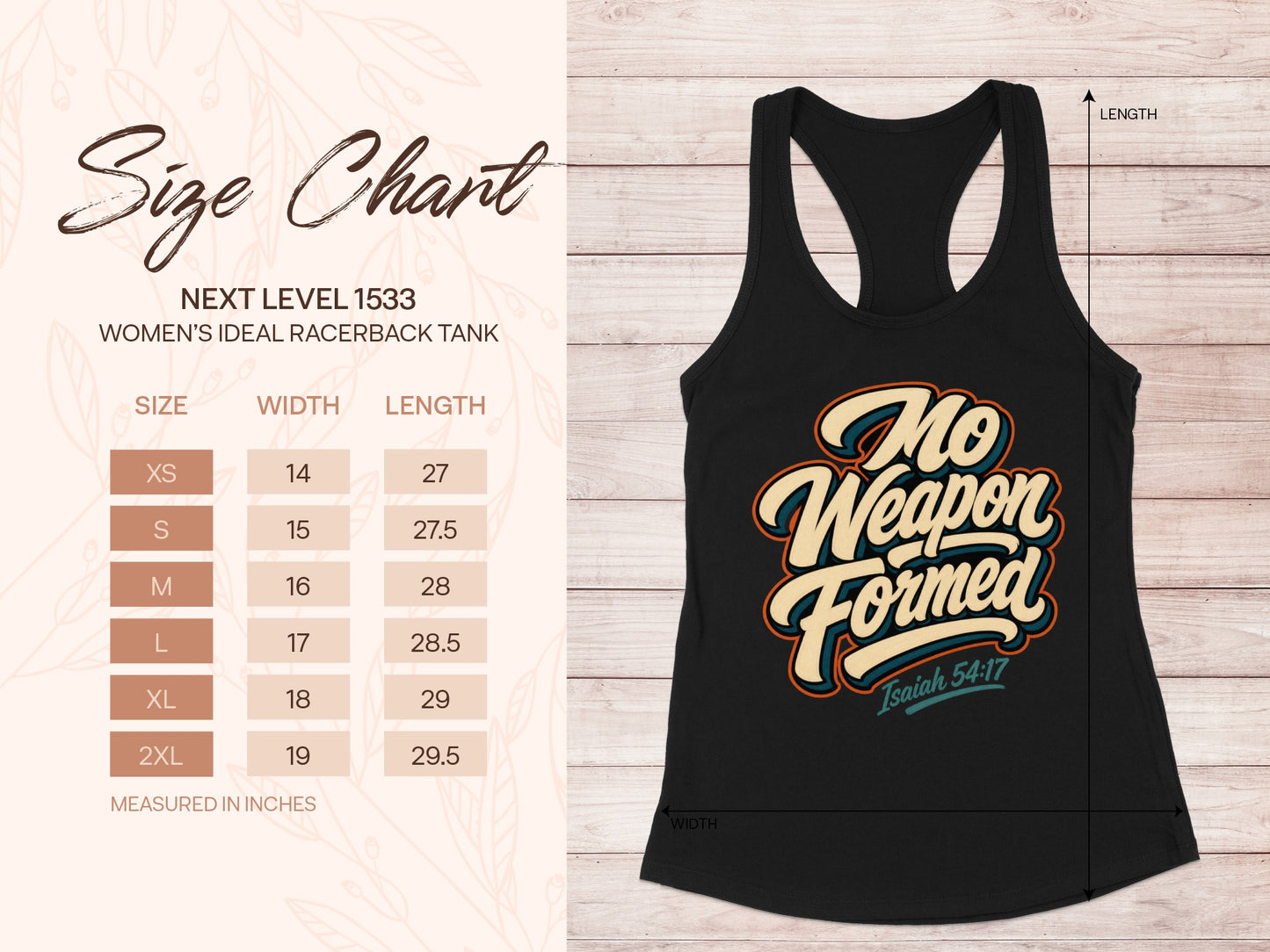 Black racerback tank with "No Weapon Formed" graphic, includes size chart.