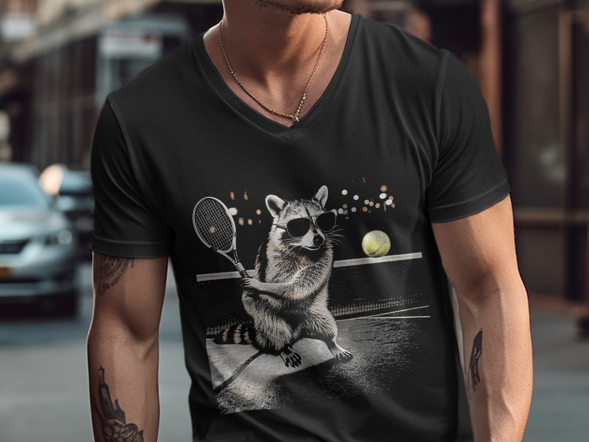 Raccoon wearing sunglasses plays tennis on a court with a racket and ball.