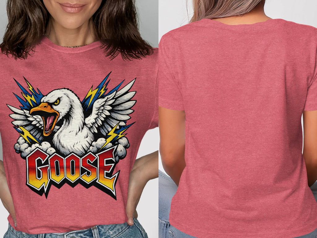 T-shirt featuring a graphic of a roaring goose with wings and lightning bolts.