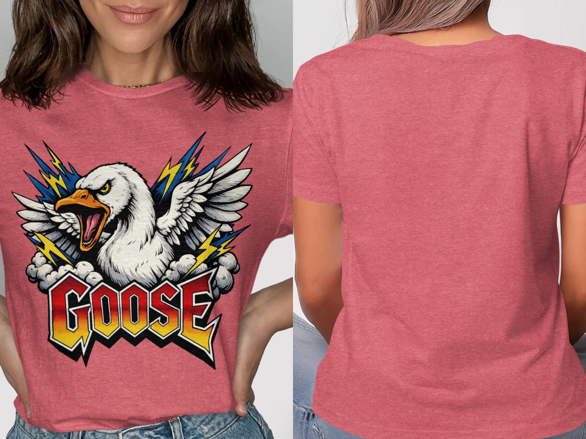 T-shirt featuring a graphic of a roaring goose with wings and lightning bolts.