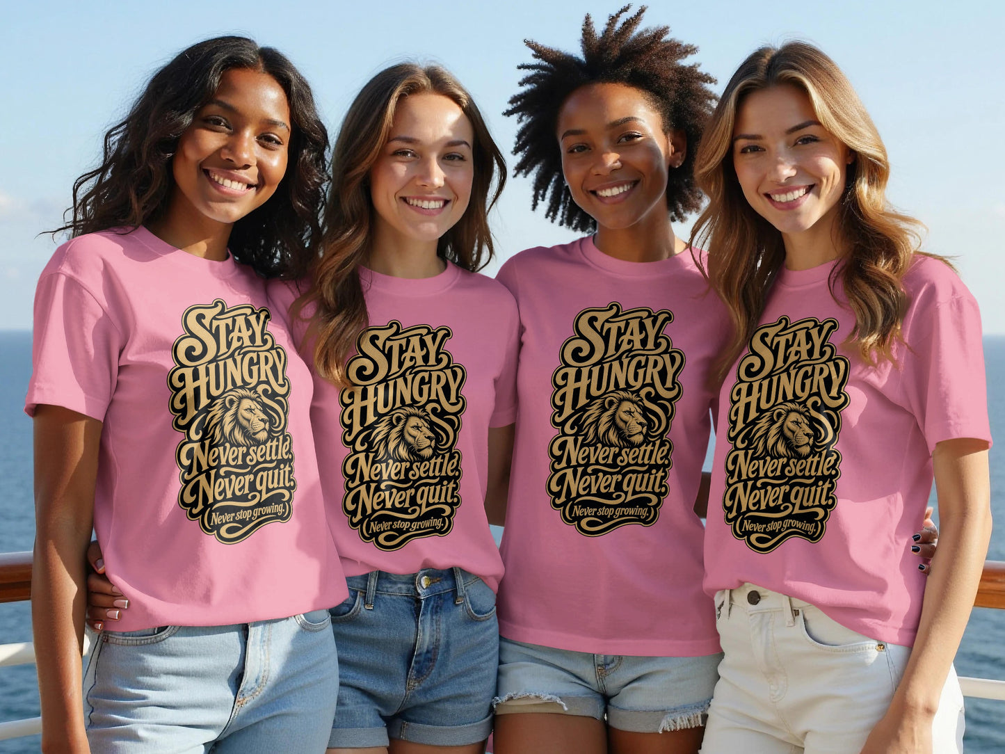 Four women in pink t-shirts with the text "STAY HUNGRY Never settle Never quit" and a lion.