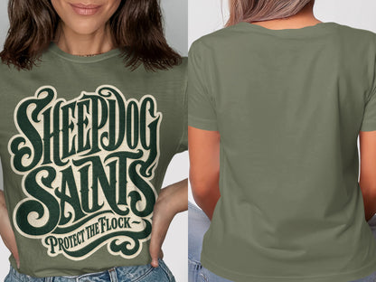 Green t-shirt with "Sheepdog Saints Protect the Flock" text design.