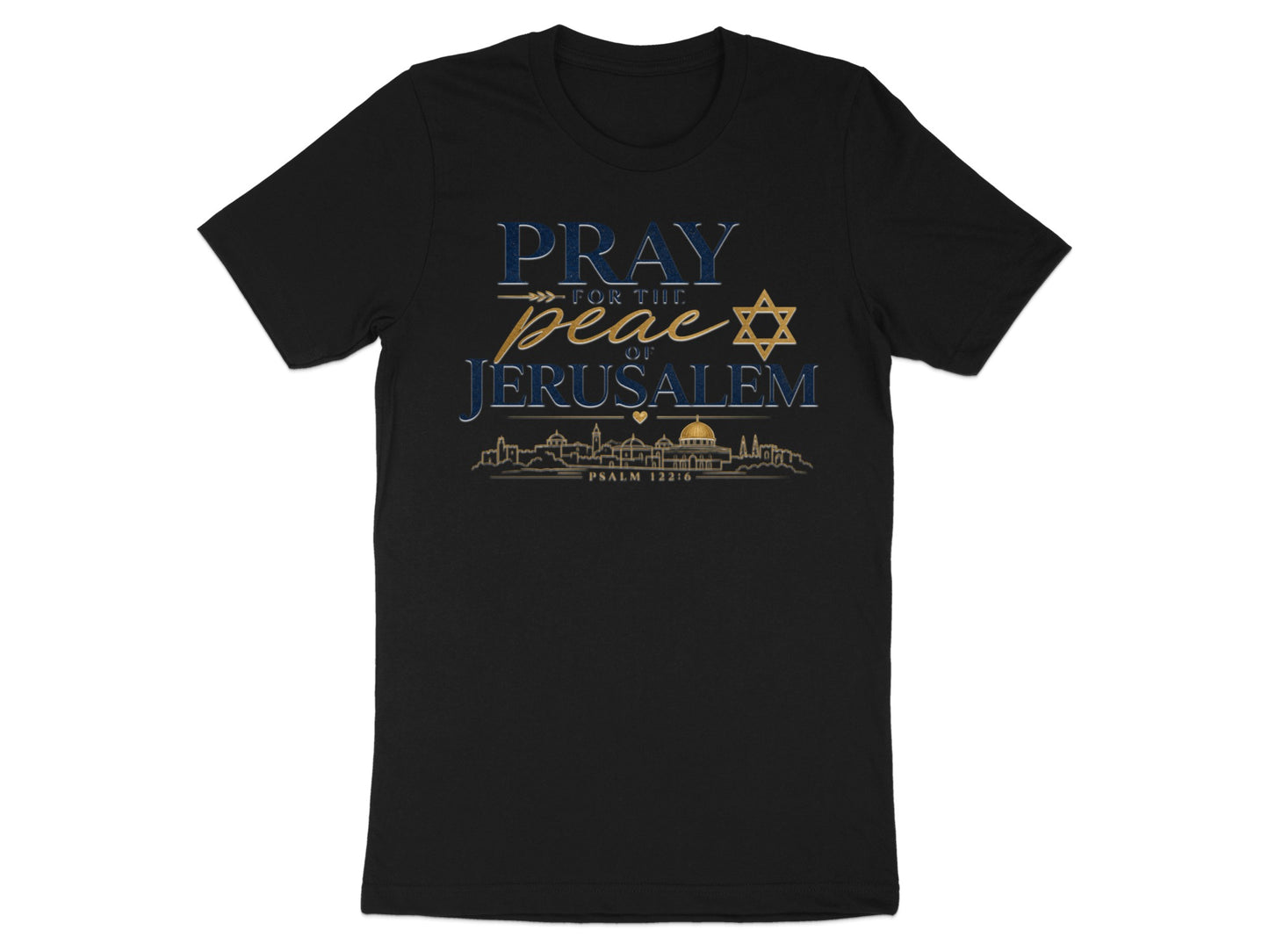 Black t-shirt with text "PRAY for the peace of Jerusalem" and skyline.