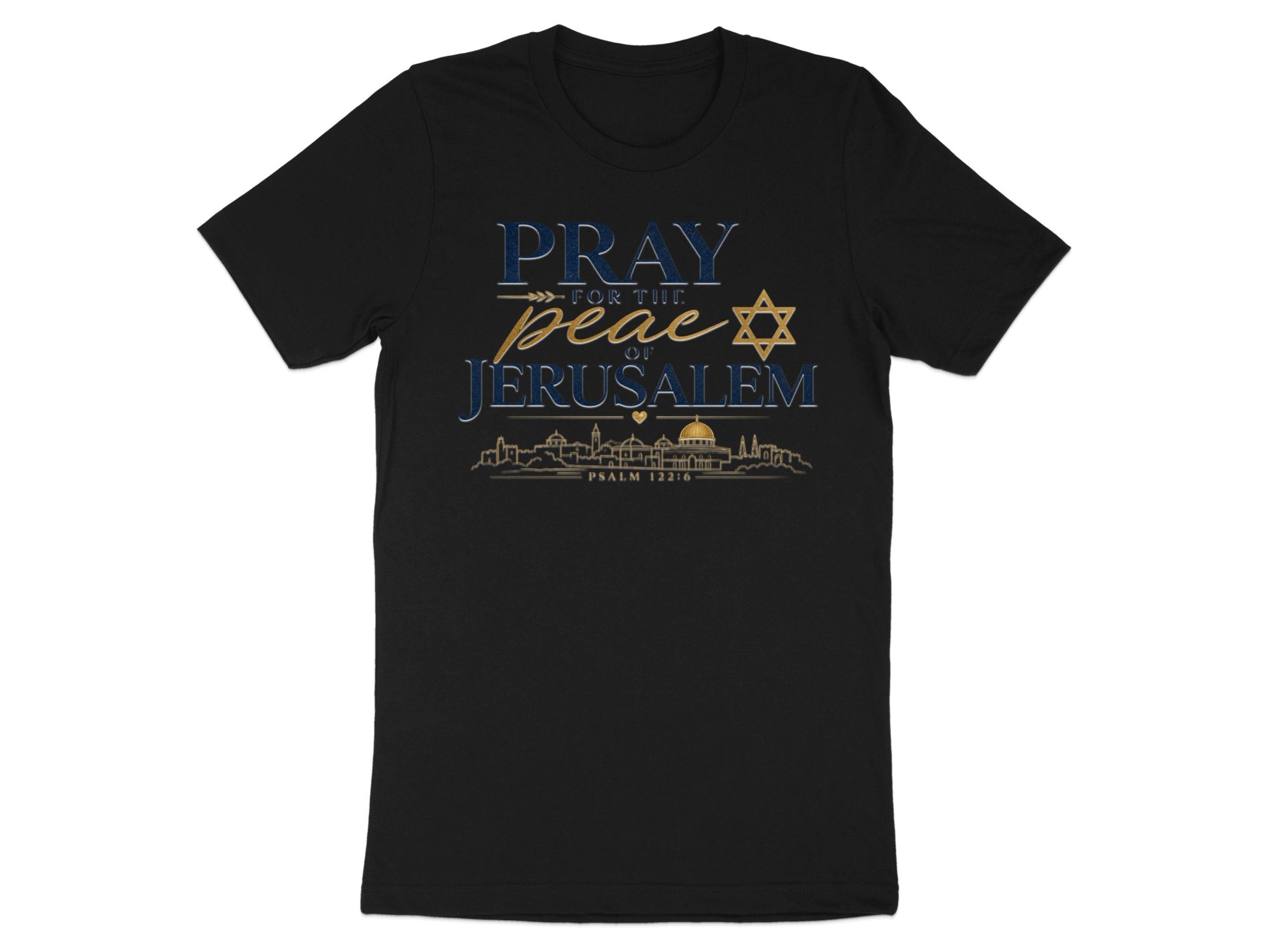 Black t-shirt with text "PRAY for the peace of Jerusalem" and skyline.