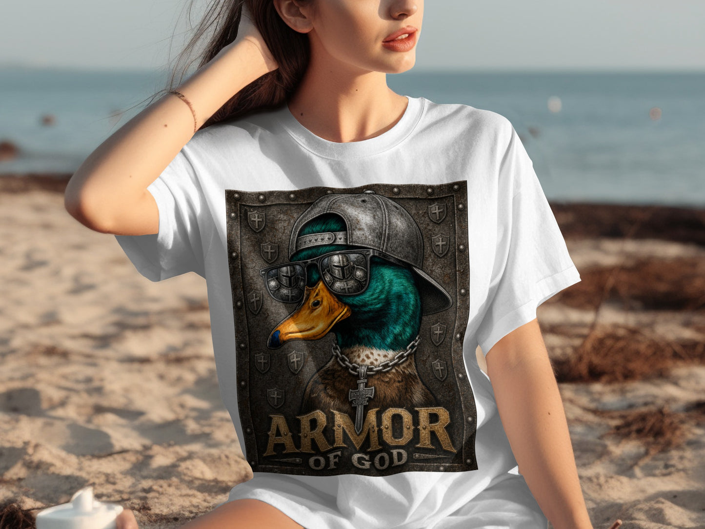 White t-shirt with a duck wearing a hat and "Armor of God" text graphic.