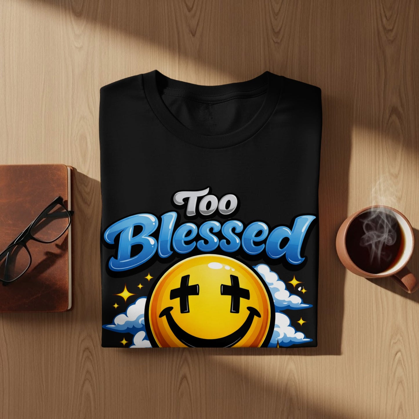 Black t-shirt with "Too Blessed" text and a cartoon smiley face.