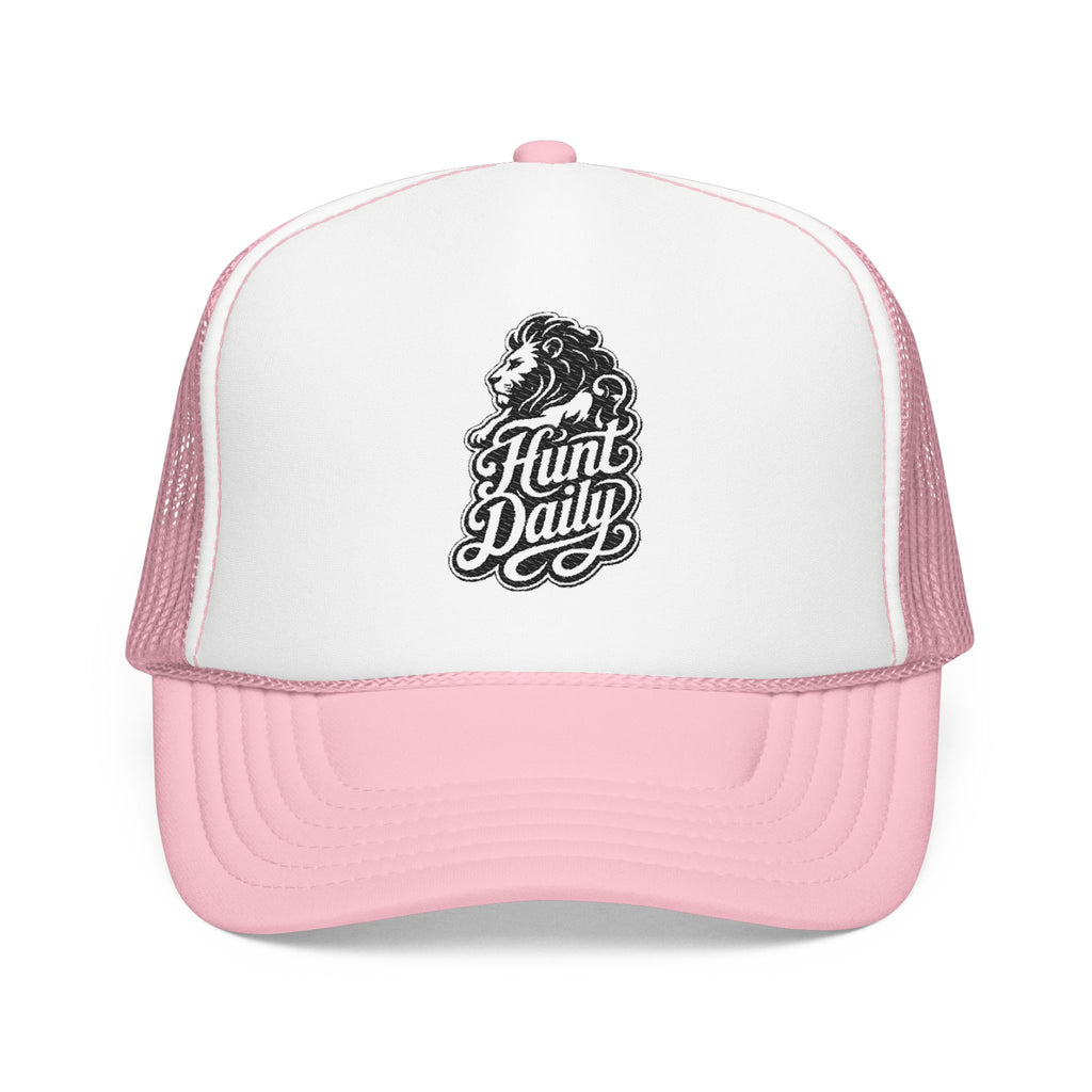 Pink trucker hat with white front panel featuring a black lion head and text logo.