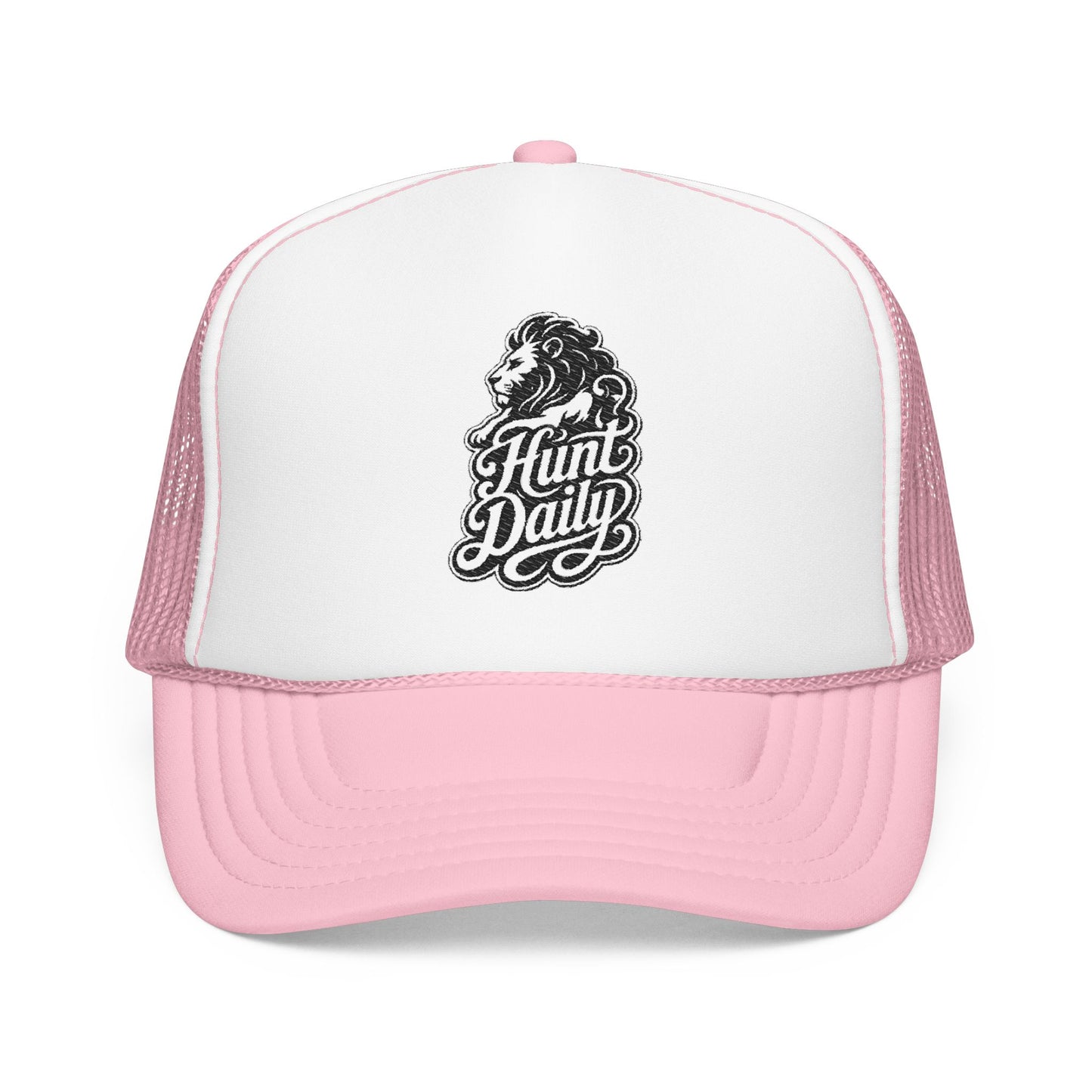 Pink trucker hat with white front panel featuring a black lion head and text logo.
