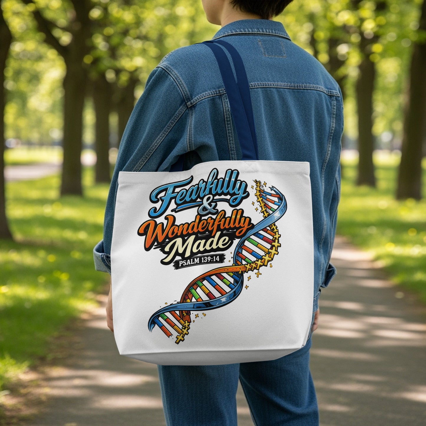 White tote bag with "Fearfully & Wonderfully Made Psalm 139:14" and DNA graphic.