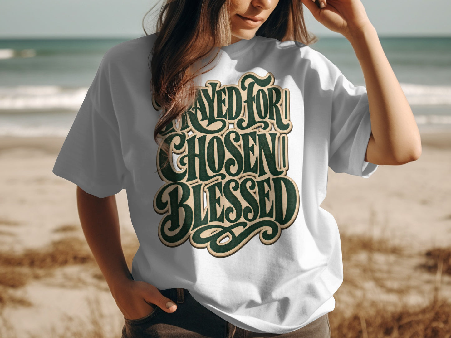 White t-shirt with green text: "PRAYED FOR CHOSEN BLESSED".