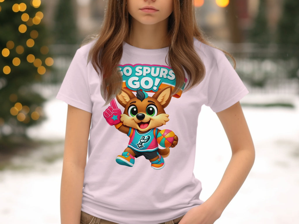 White t-shirt with cartoon fox mascot and "Go Spurs Go!" text