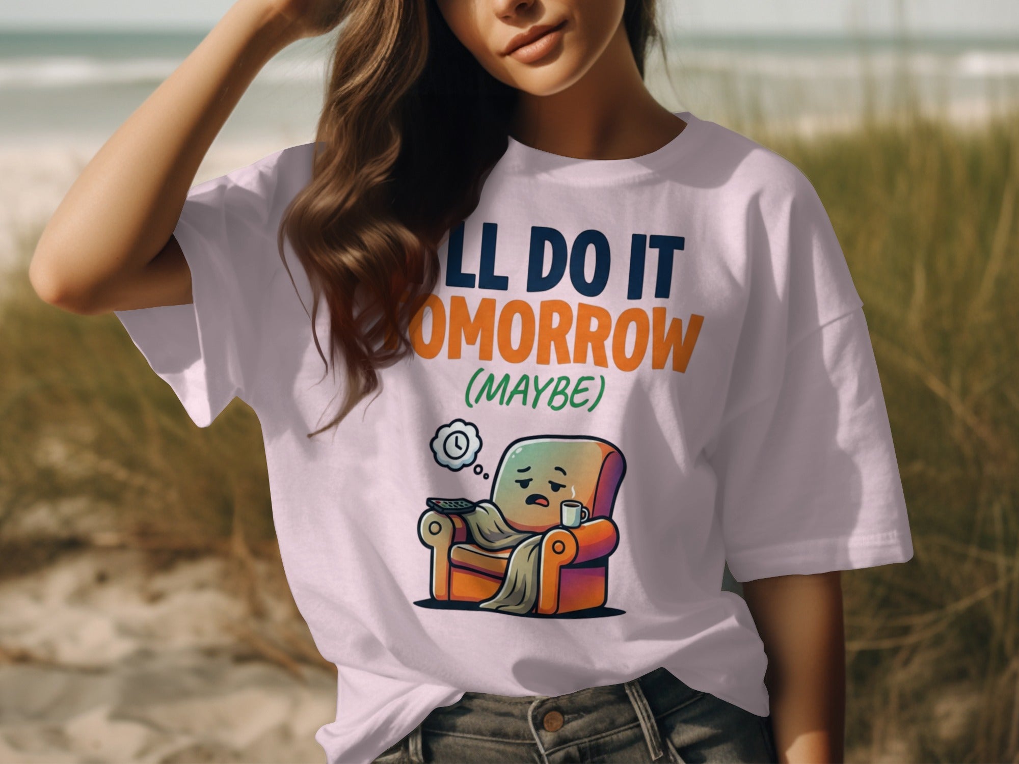 White t-shirt with "I'LL DO IT TOMORROW (MAYBE)" and cartoon recliner image.