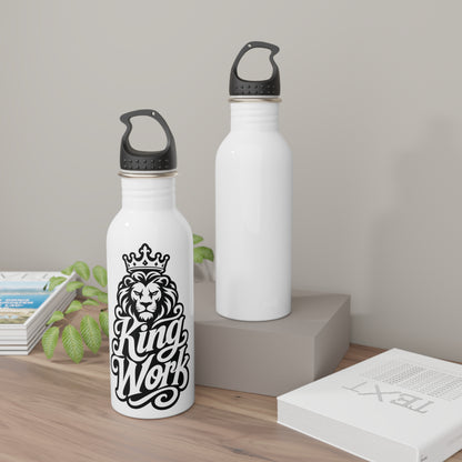 White water bottles with black lids, one featuring a lion with a crown and "King Work" text.