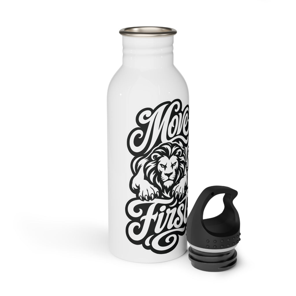 White water bottle with black "Move First" text and lion graphic, separate black lid.