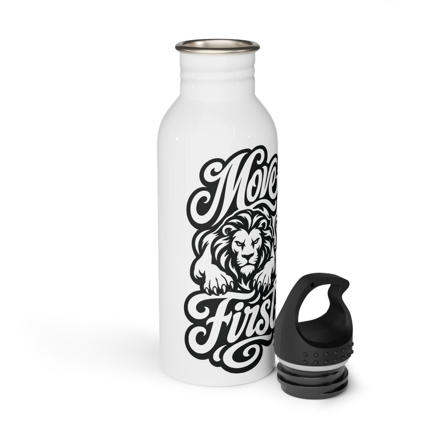 White water bottle with black "Move First" text and lion graphic, separate black lid.