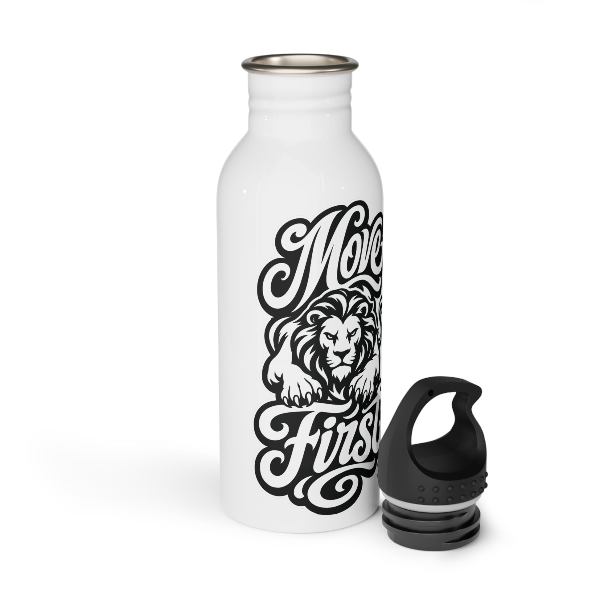 White water bottle with black "Move First" text and lion graphic, separate black lid.