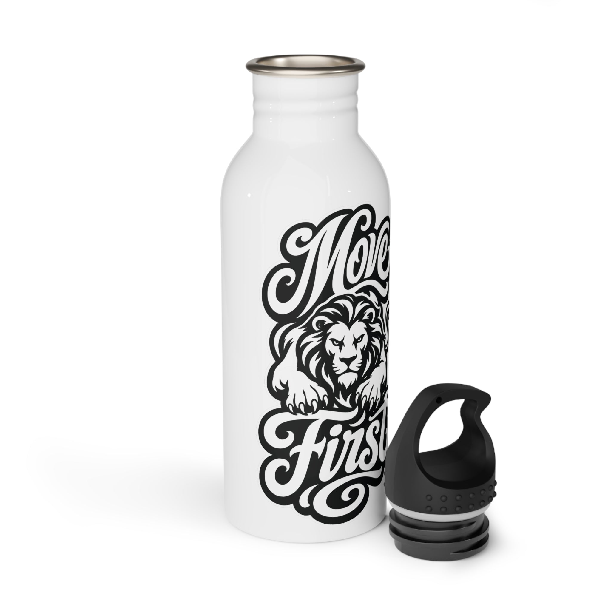 White water bottle with black "Move First" text and lion graphic, separate black lid.