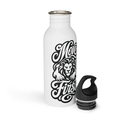 White water bottle with black "Move First" text and lion graphic, separate black lid.