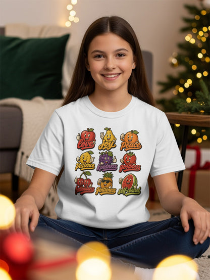 White t-shirt with cartoon fruits representing "love, joy, peace, patience, kindness, goodness, faithfulness, gentleness, self-control."