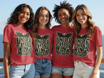 Four women wear red t-shirts with "Under His Wings - Psalm 91:4" graphic.