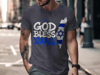 Dark grey t-shirt with "GOD BLESS ISRAEL" and Israel flag map graphic.