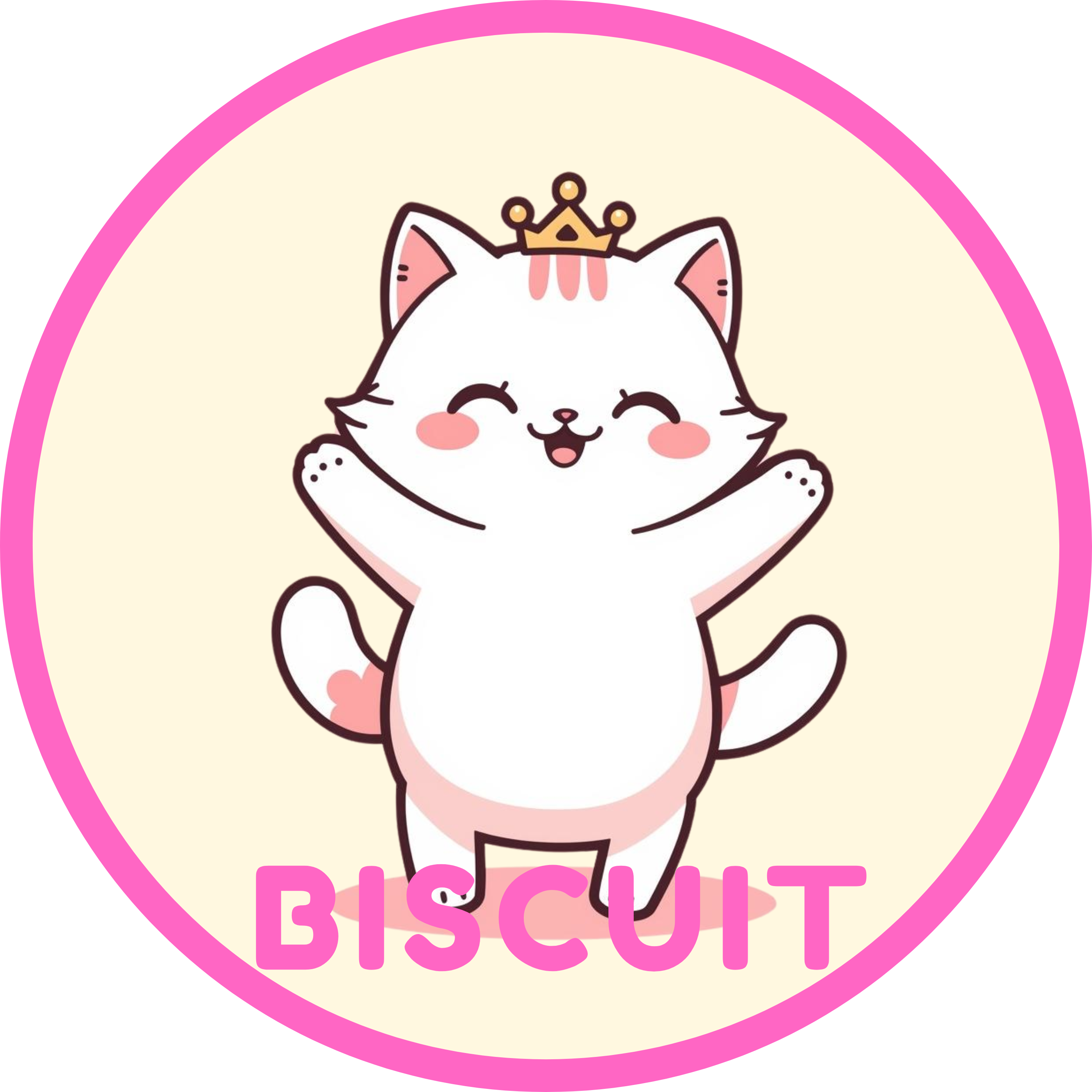 White cat with crown and "BISCUIT" text on a cream background within a pink circle.