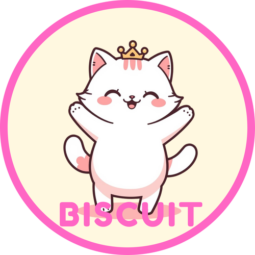 White cat with crown and "BISCUIT" text on a cream background within a pink circle.