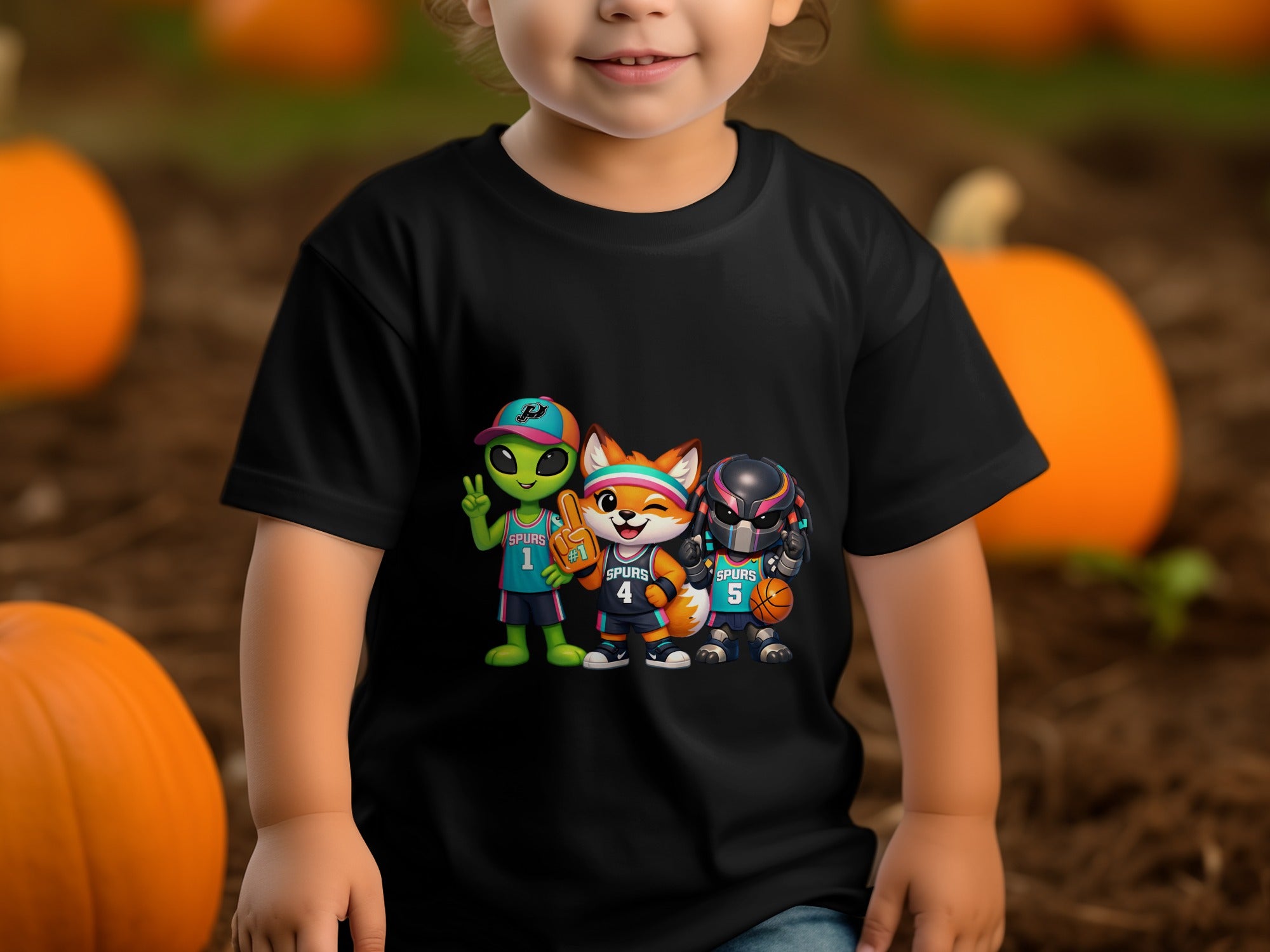 Three cartoon characters in basketball jerseys stand with a child on a black t-shirt.