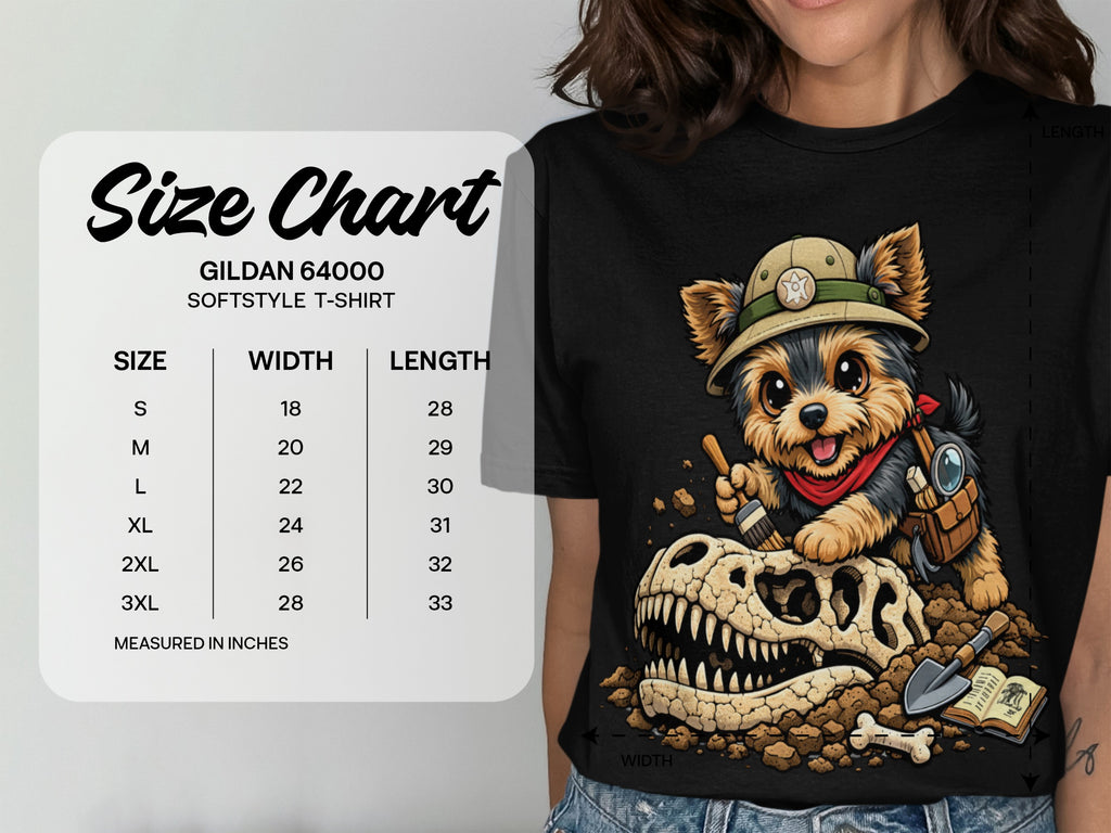 Gildan 64000 softstyle t-shirt size chart for dog wearing safari hat.