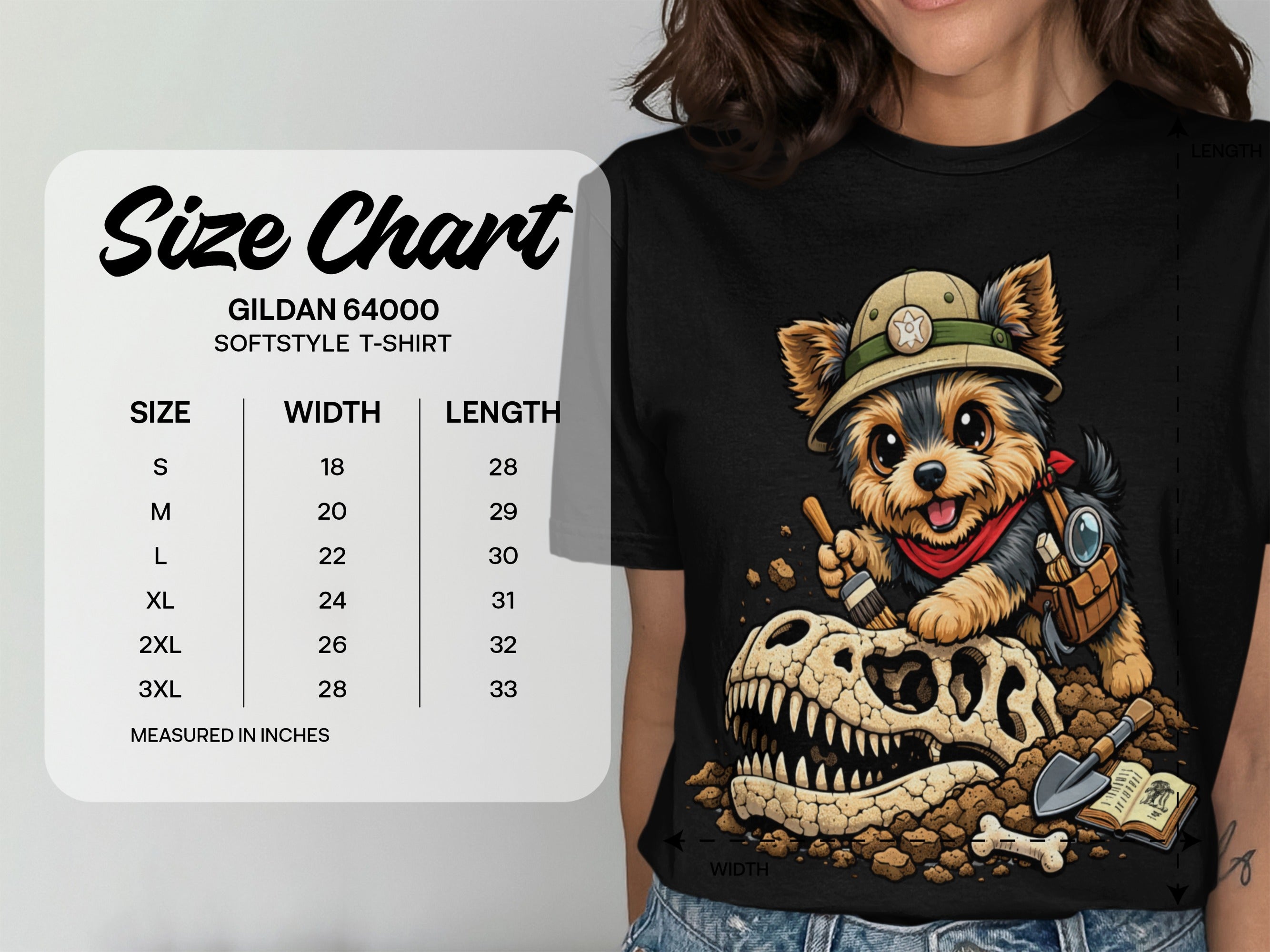 Gildan 64000 softstyle t-shirt size chart for dog wearing safari hat.