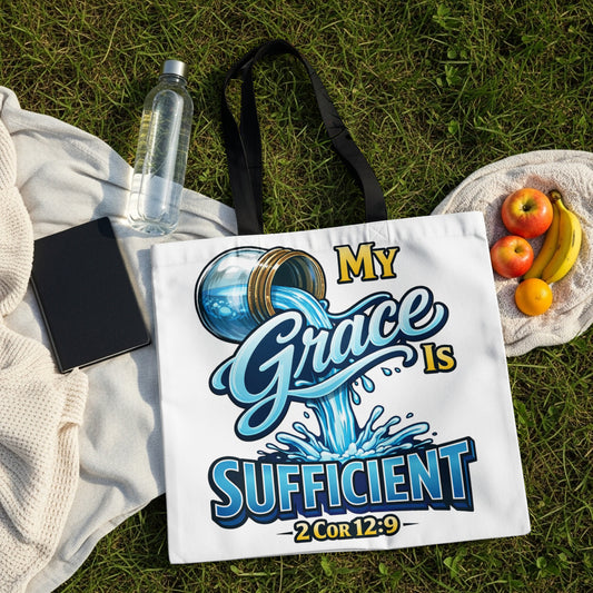 White tote bag with "My Grace Is Sufficient" text and Bible verse 2Cor 12:9.