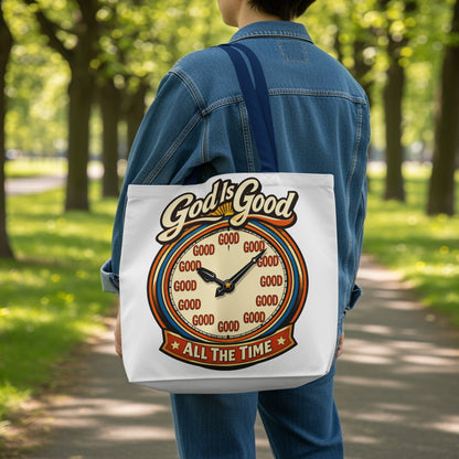 Tote bag with "God's Good All The Time" text and a clock design.