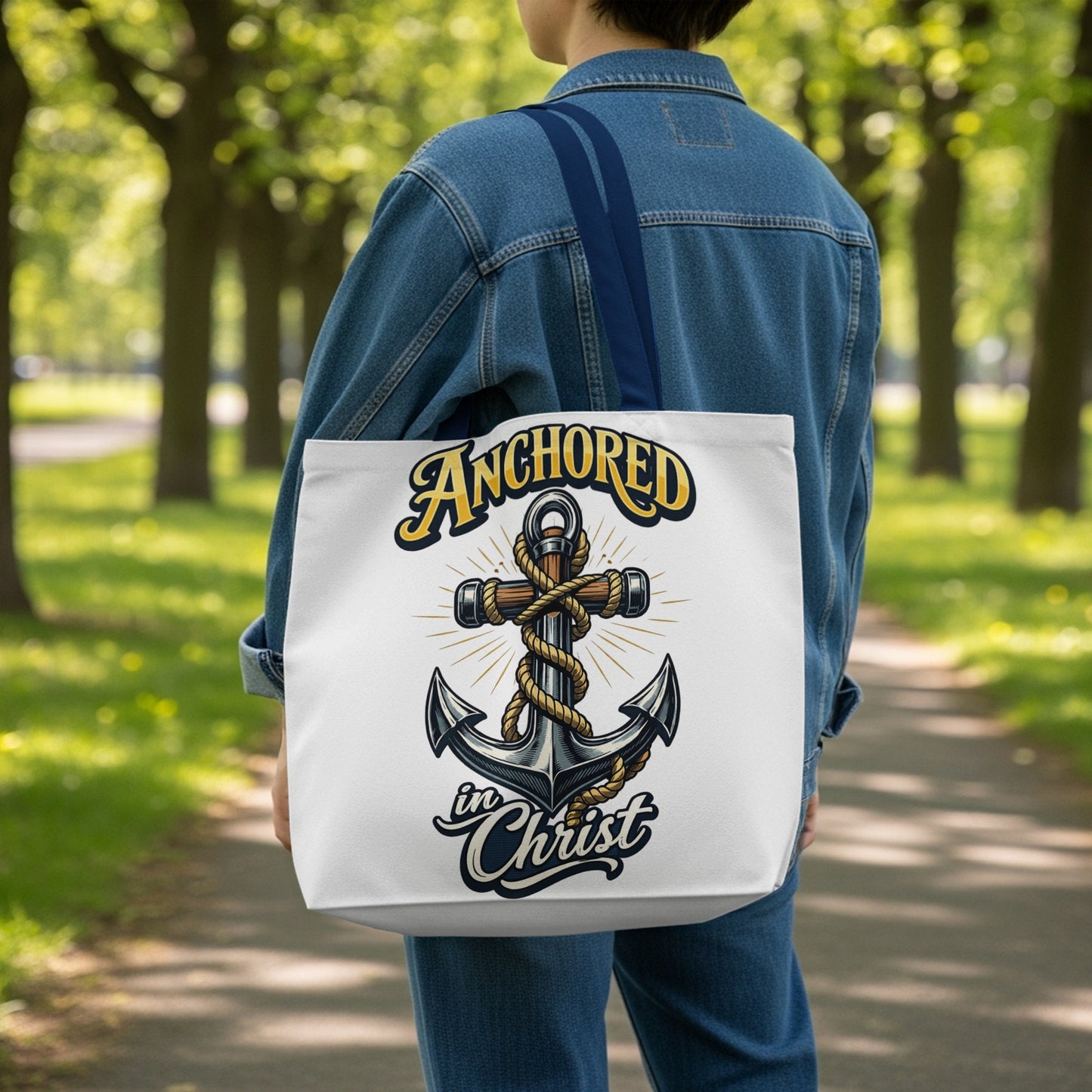 Tote bag with an anchor graphic and text "ANCHORED in Christ".