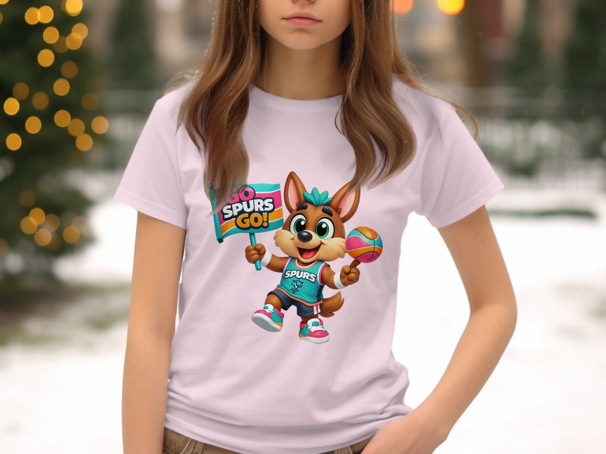 Cartoon dog character in Spurs jersey holding "GO SPURS GO!" sign and basketball.