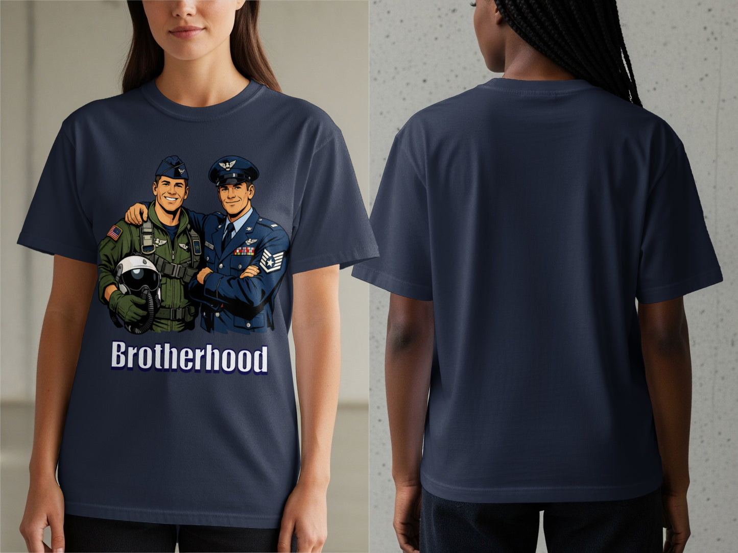 Men in military uniforms embrace on a navy t-shirt with "Brotherhood" text below.