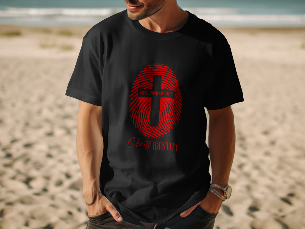 Black t-shirt with red fingerprint cross and text "Saved Through Faith, Christ Identity".