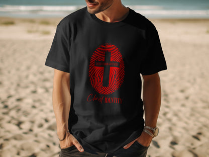 Black t-shirt with red fingerprint cross and text "Saved Through Faith, Christ Identity".