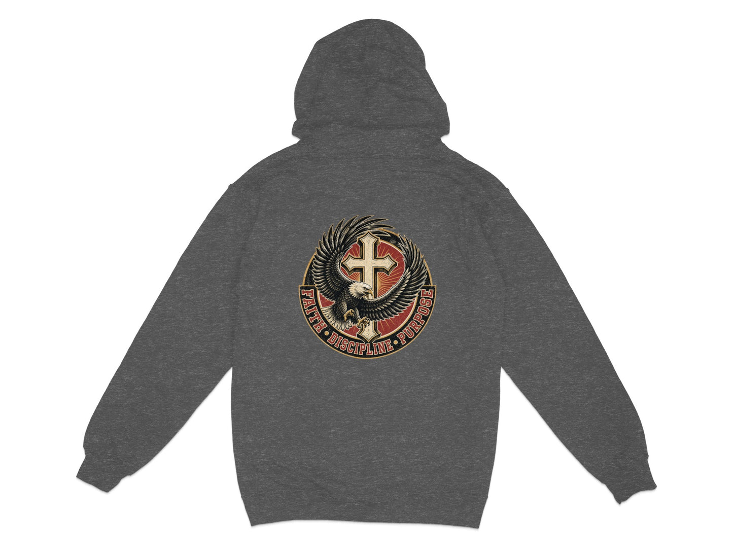 Dark gray hoodie with an eagle, cross, and text: Faith, Discipline, Purpose.
